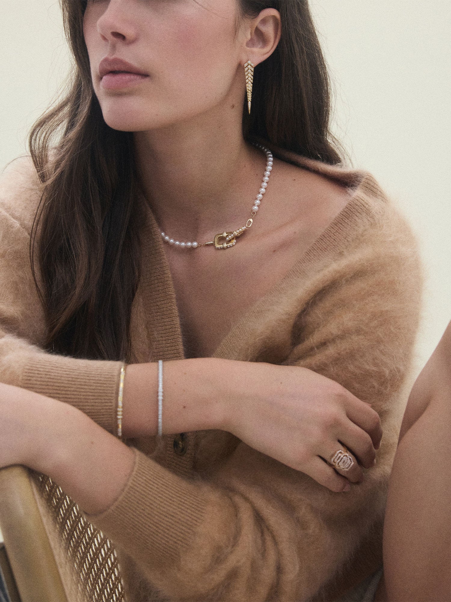 Yellow Gold, Pearl, and Diamond Unchained Entre-Maille Necklace