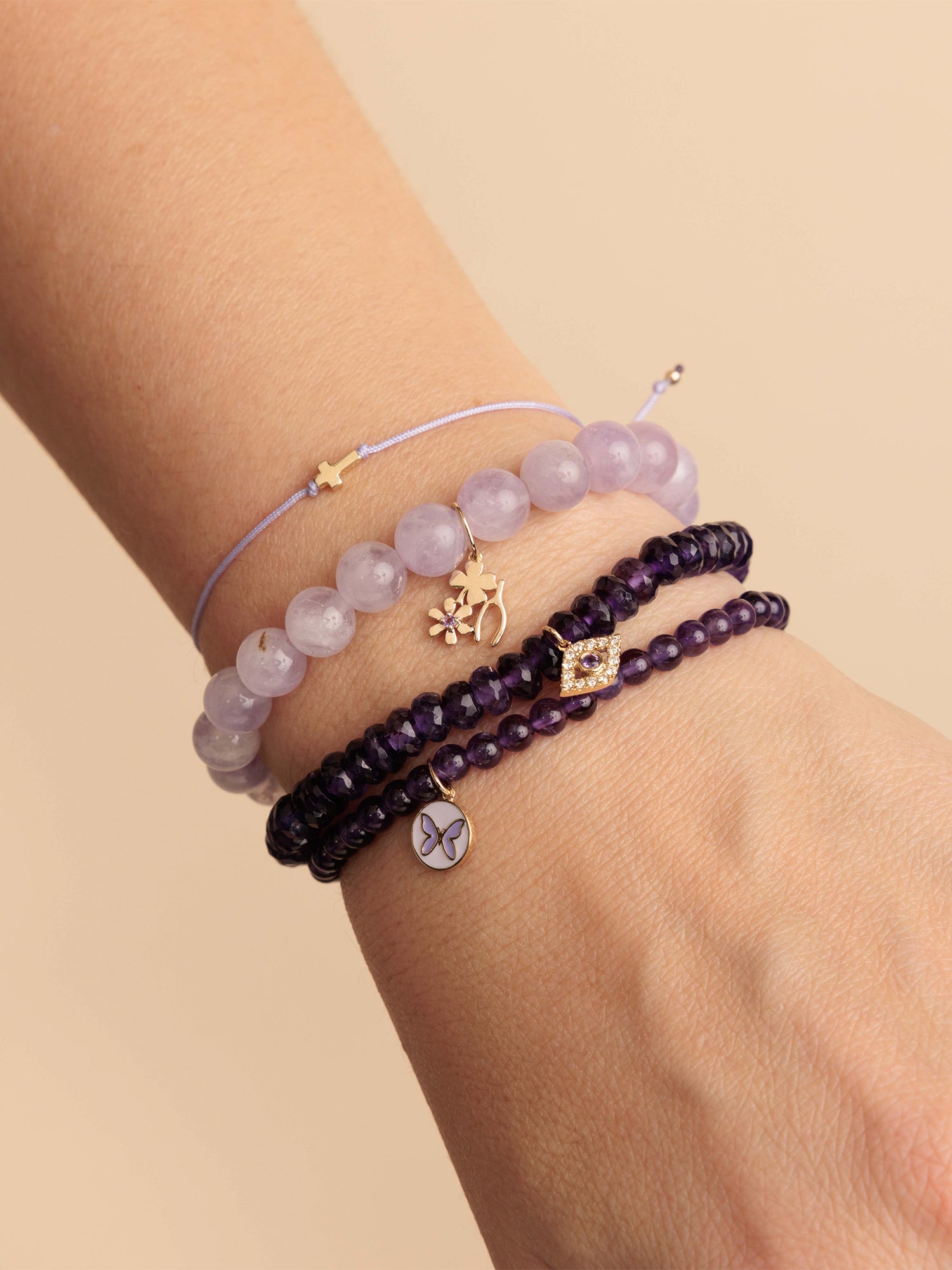 Large Bezel Protective Eye Charm on Amethyst Beaded Bracelet