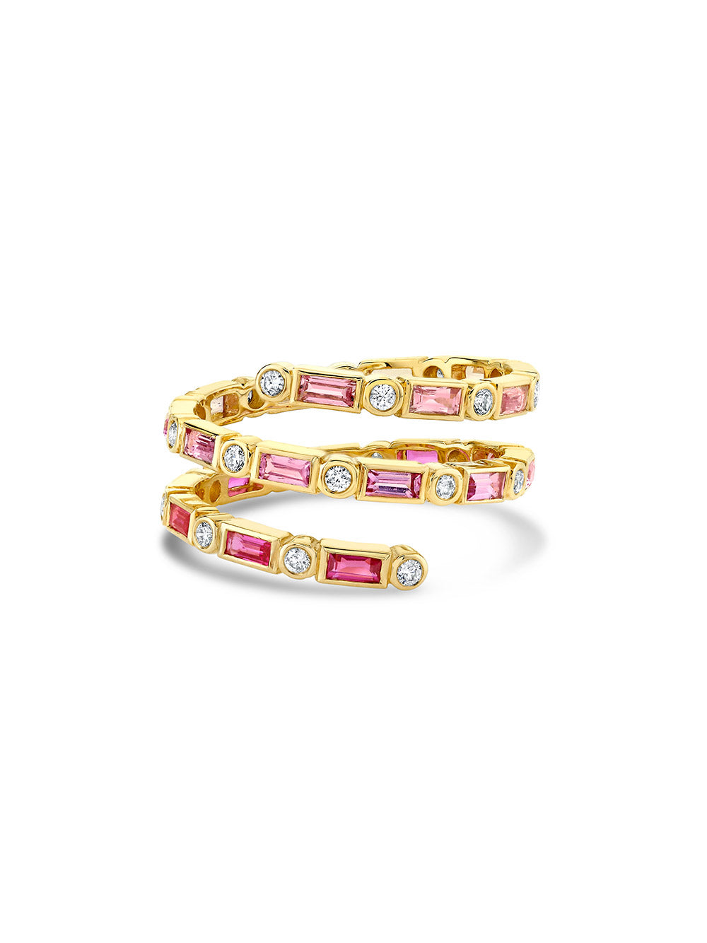 Pink Sapphire Baguette and Round Double Coil Ring