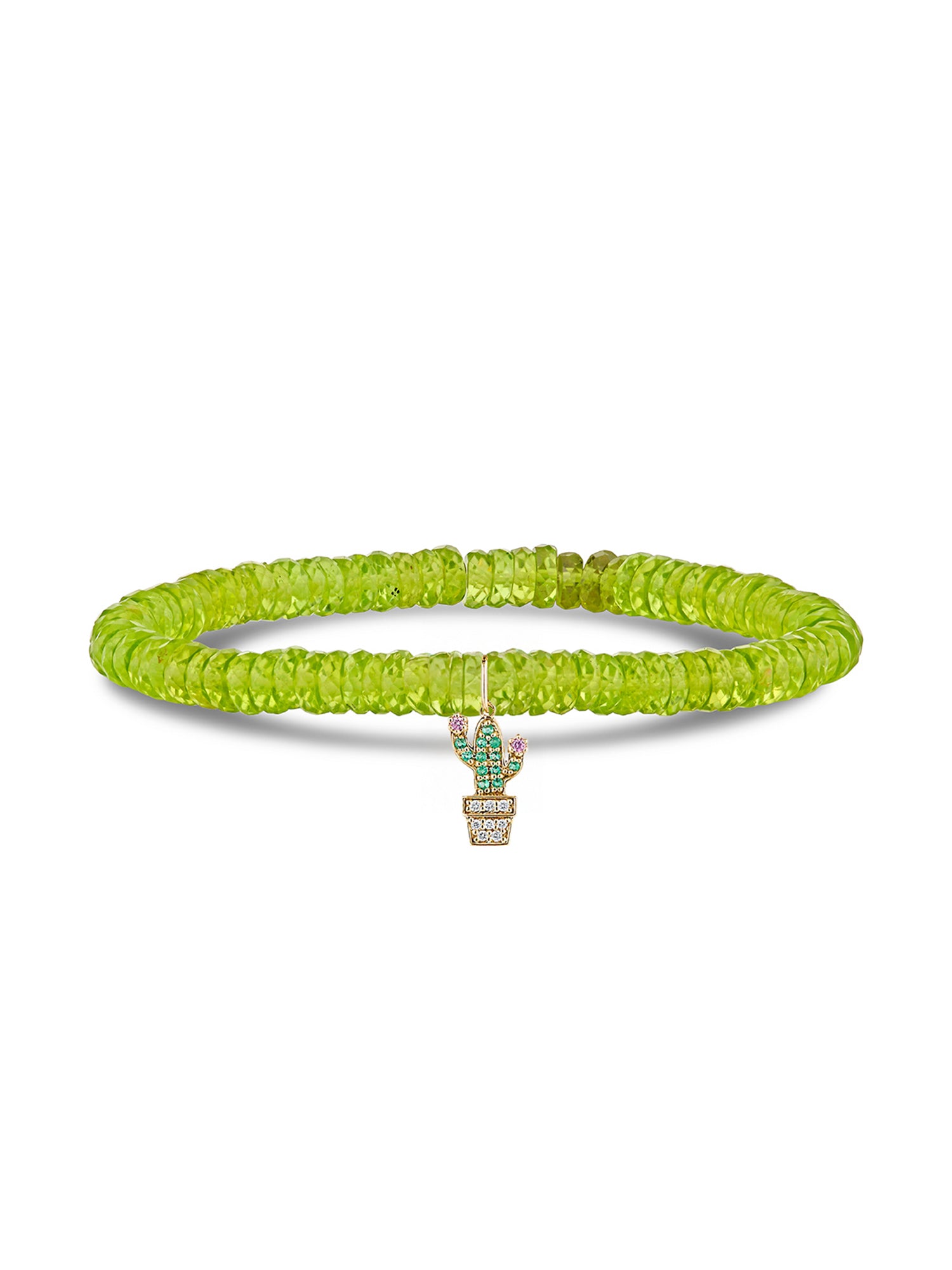 Small Potted Cactus Charm on Peridot Beaded Bracelet