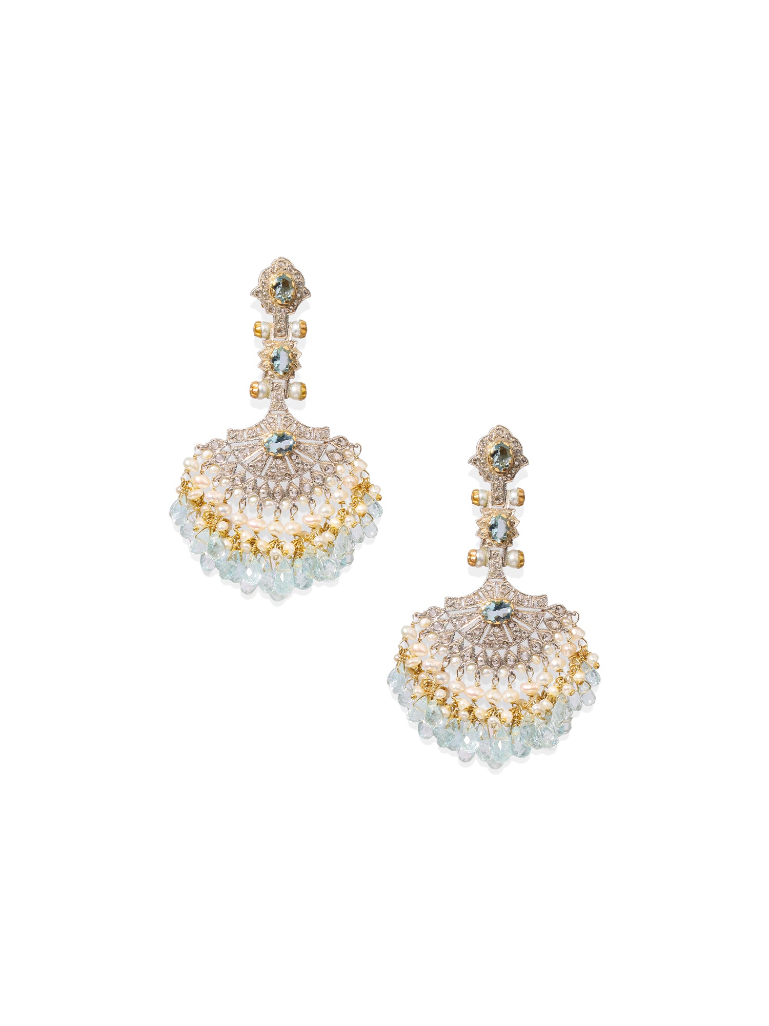 14k Gold and Silver Aquamarine, Diamond, and Pearl Earrings