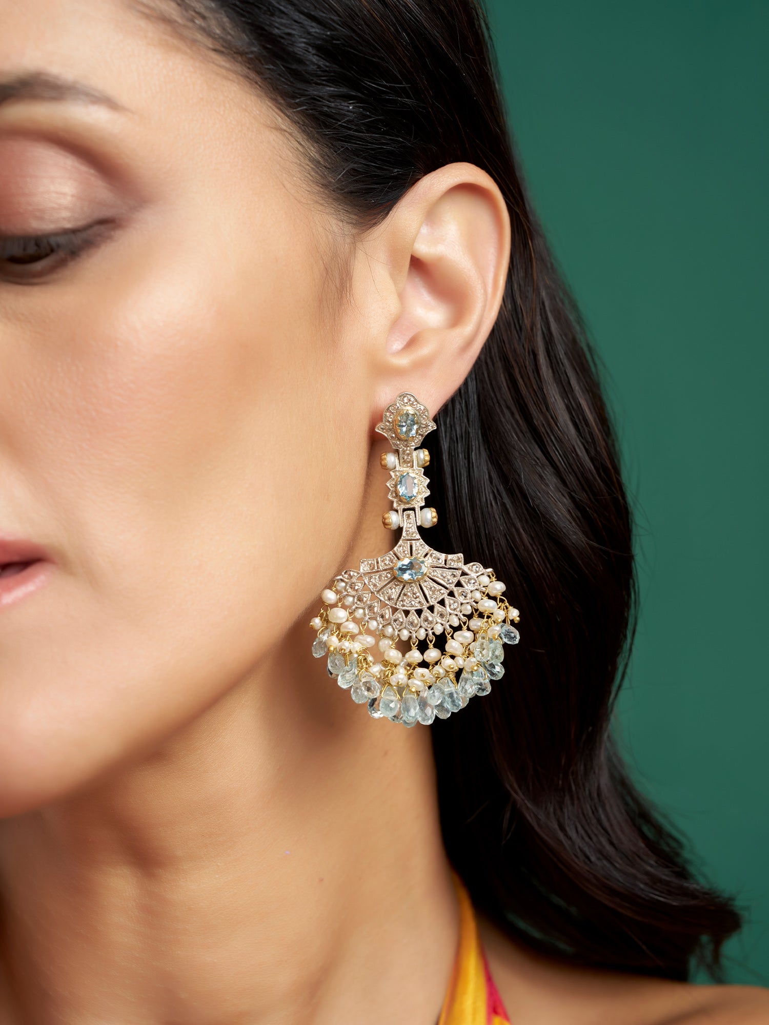 14k Gold and Silver Aquamarine, Diamond, and Pearl Earrings