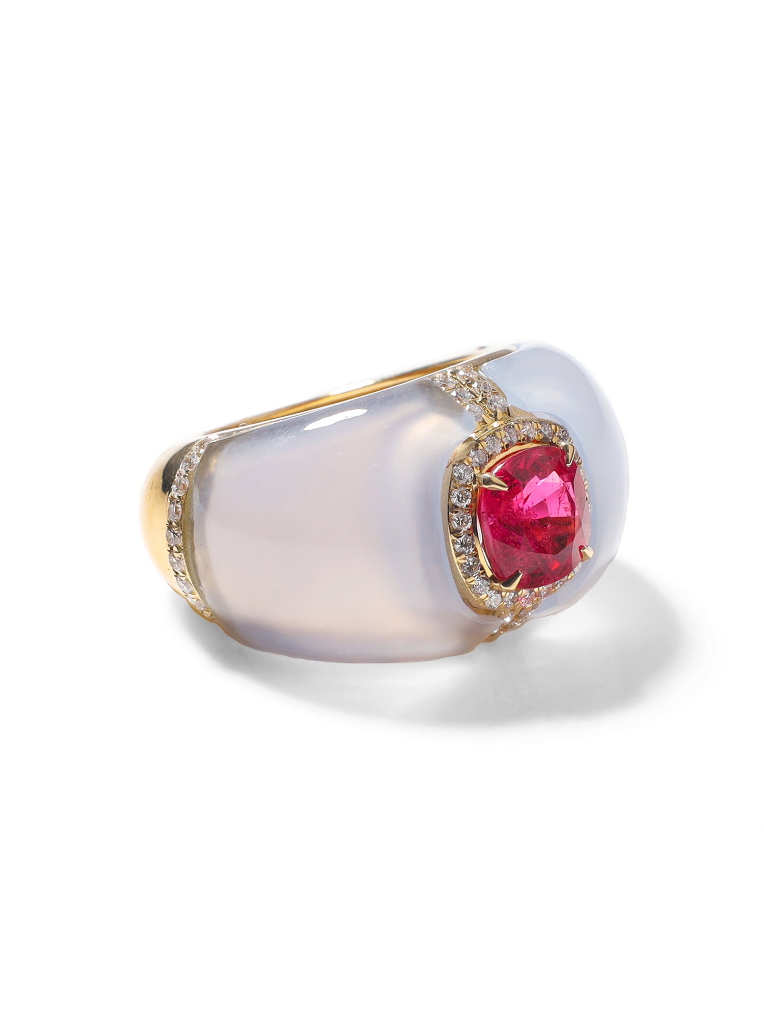 18k Yellow Gold Chalcedony Rubellite and Diamond Ring