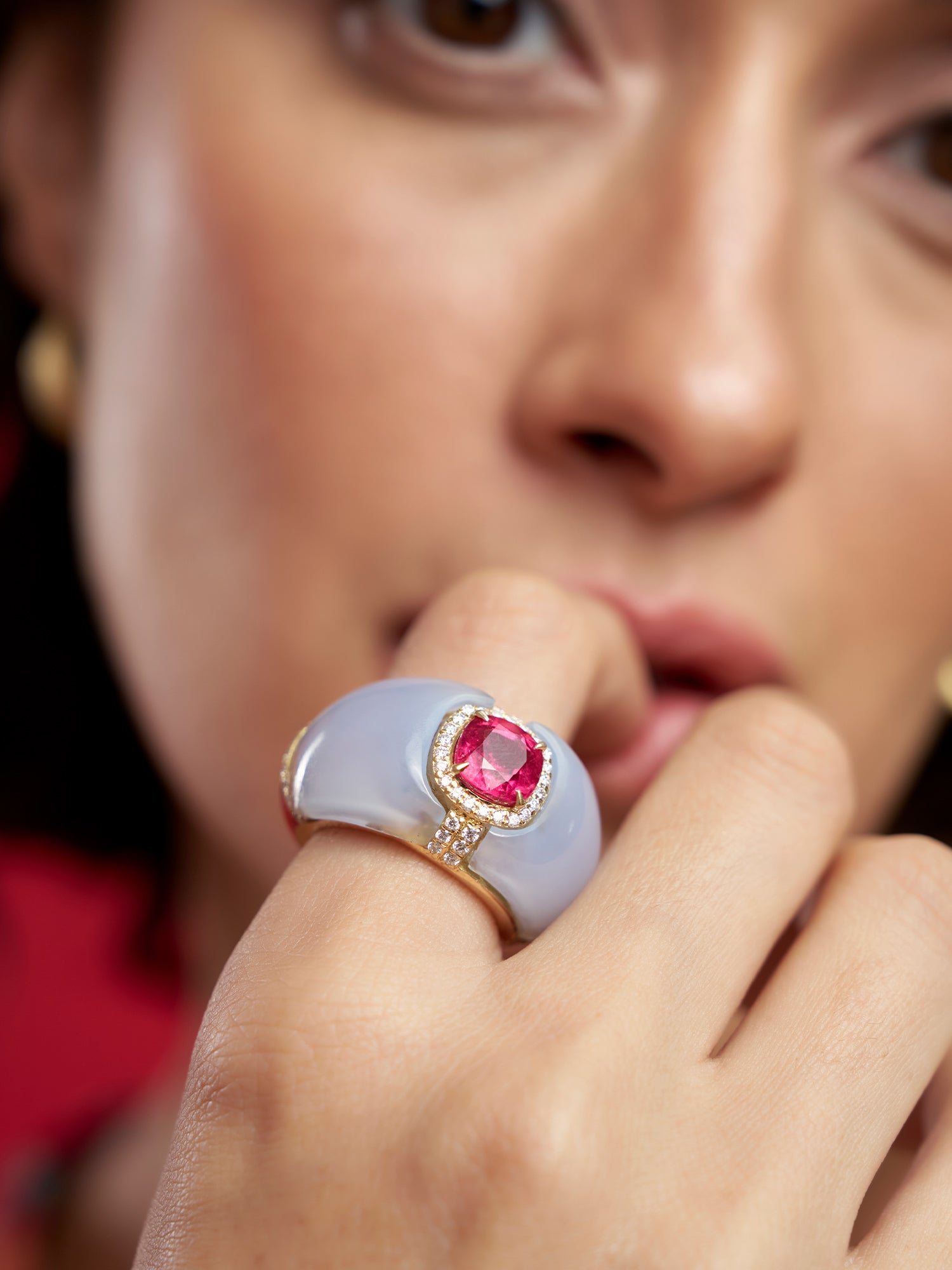 18k Yellow Gold Chalcedony Rubellite and Diamond Ring