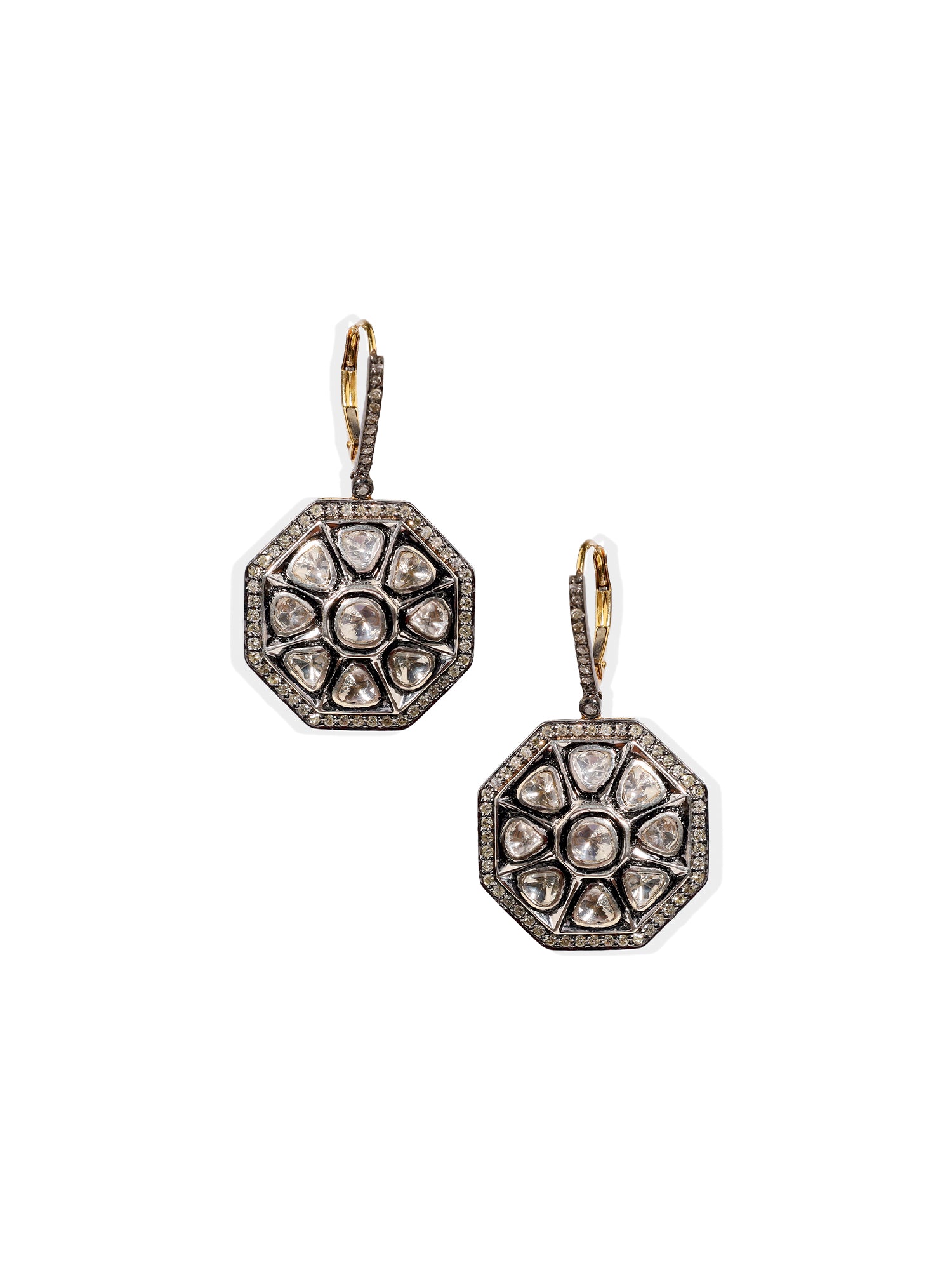 14k Gold and Silver Diamond and Polki Diamond Earrings