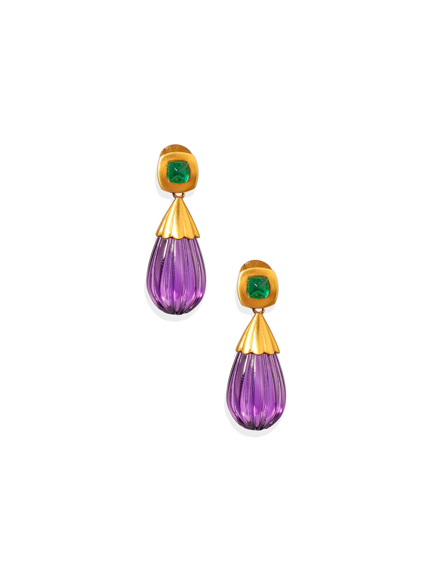18k Yellow Gold Purple Amethyst and Emerald Earrings