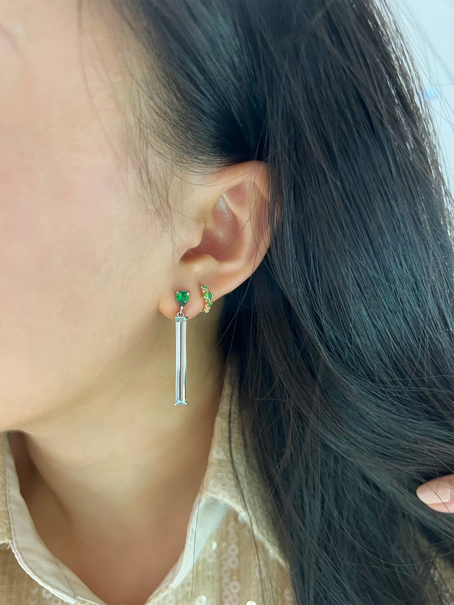 Big Aquamarine and Tsavorite Bar Earrings